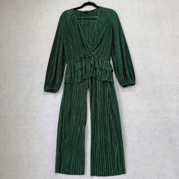 Zara Two Piece Set Womens Small Green Pleated Wrap Top Wide Leg Pants Peplum - Picture 1 of 15